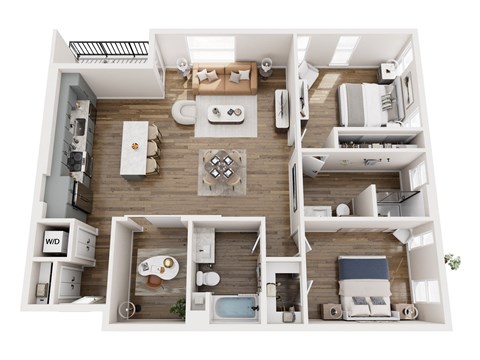 A top-down view of a modern apartment layout with a kitchen, living room, and bedrooms.